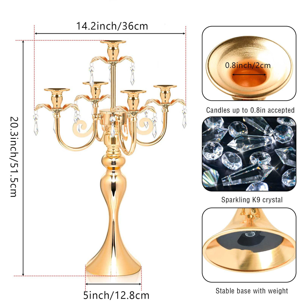 20.3'' Tall 5 Arm Candelabra Centerpiece for Table, Metal Elegant Candle Holder, Retro Candlestick Table Centerpieces for Party, Events, Home, Wedding Decor (4, Gold)