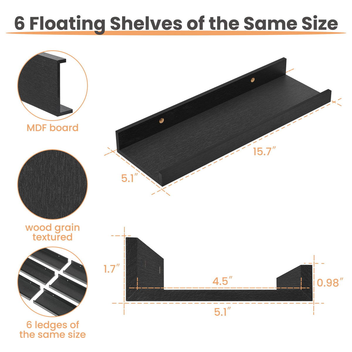 upsimples Floating Shelves for Wall Decor and Storage, Black, 6Pcs 15.7''