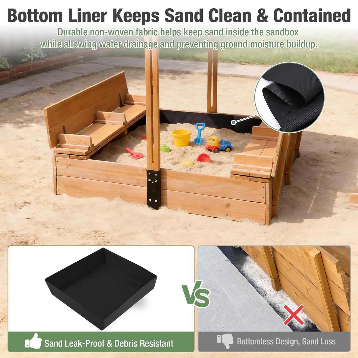 Gutinneen 47" Wooden Sandbox for Kids, Outdoor Sandbox with Adjustable Canopy & Retractable Cover, 2 Foldable Bench Seats with Backrest, UV-Resistant, Solid Wood with Sand Liner for Backyard