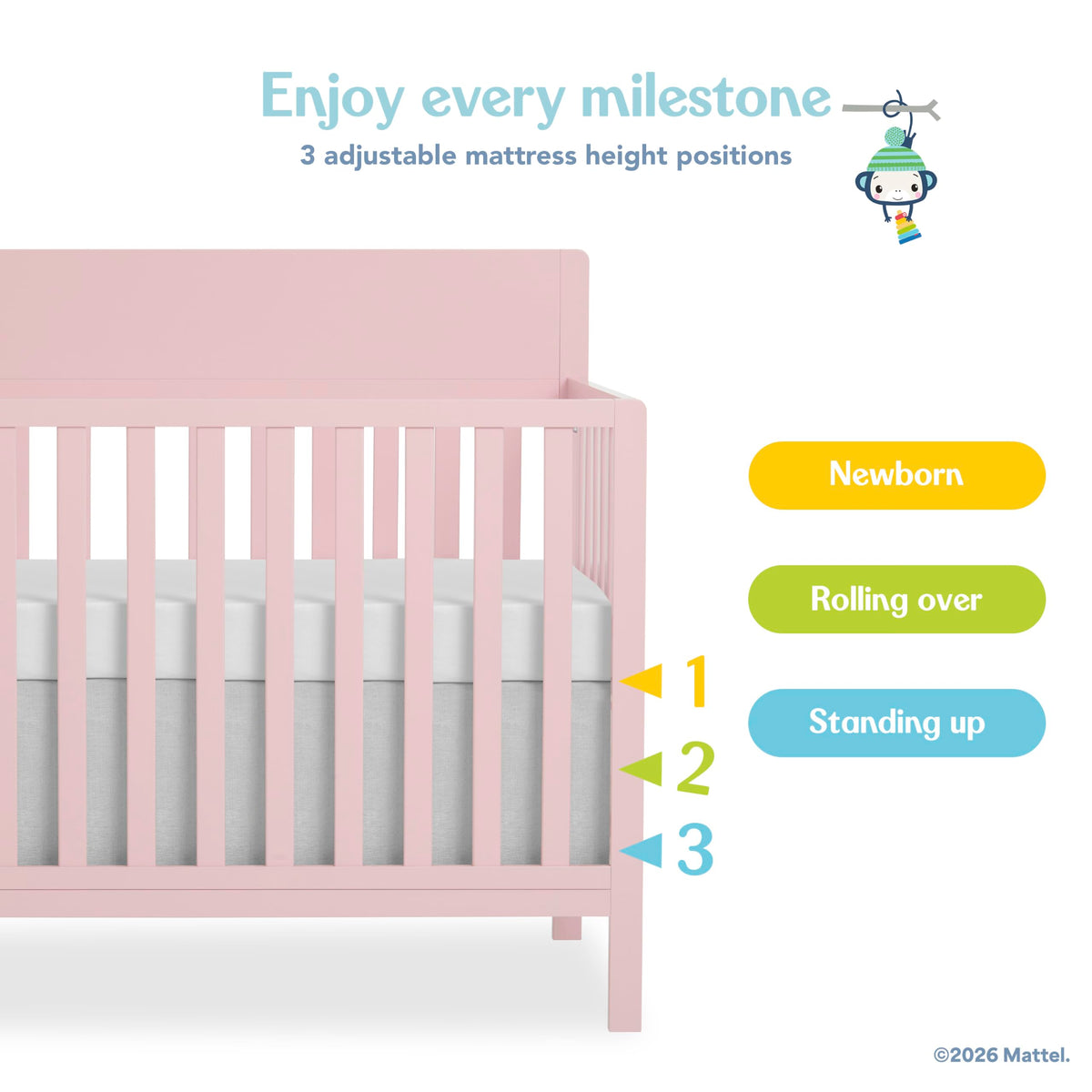 Fisher-Price Meadowbrook 4-in-1 Convertible Full Size Baby Crib, Wooden Nursery Furniture, Converts to Toddler Bed with Guardrail, Daybed & Full-Size Bed, Greenguard Gold & BSA Certified, Pink