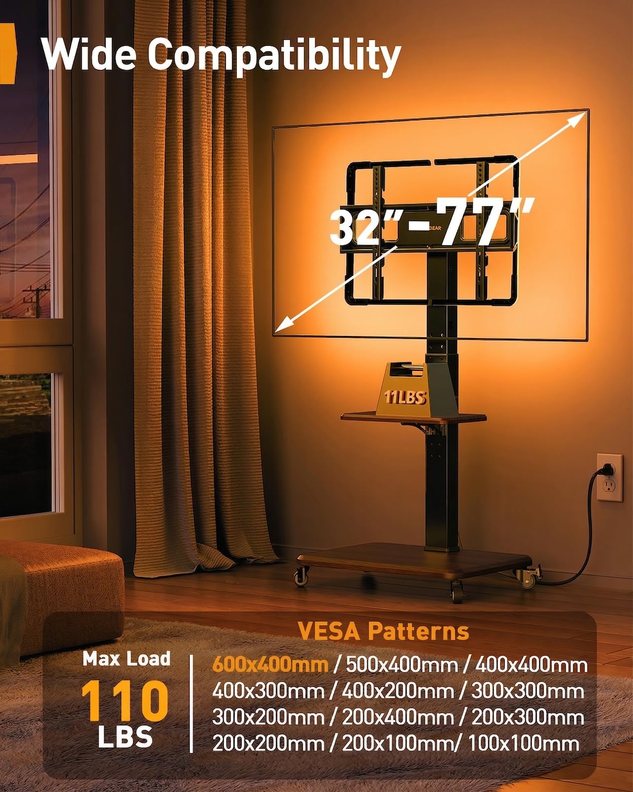 Perlegear Rolling TV Stand with LED Lights for 32”-77” TVs up to 110 lbs, Mobile TV Stand with Swivel, Tilt, and 18 Height Levels, TV Cart with Wheels and Solid Wood Base, Max VESA 600x400mm, PGTVC32B