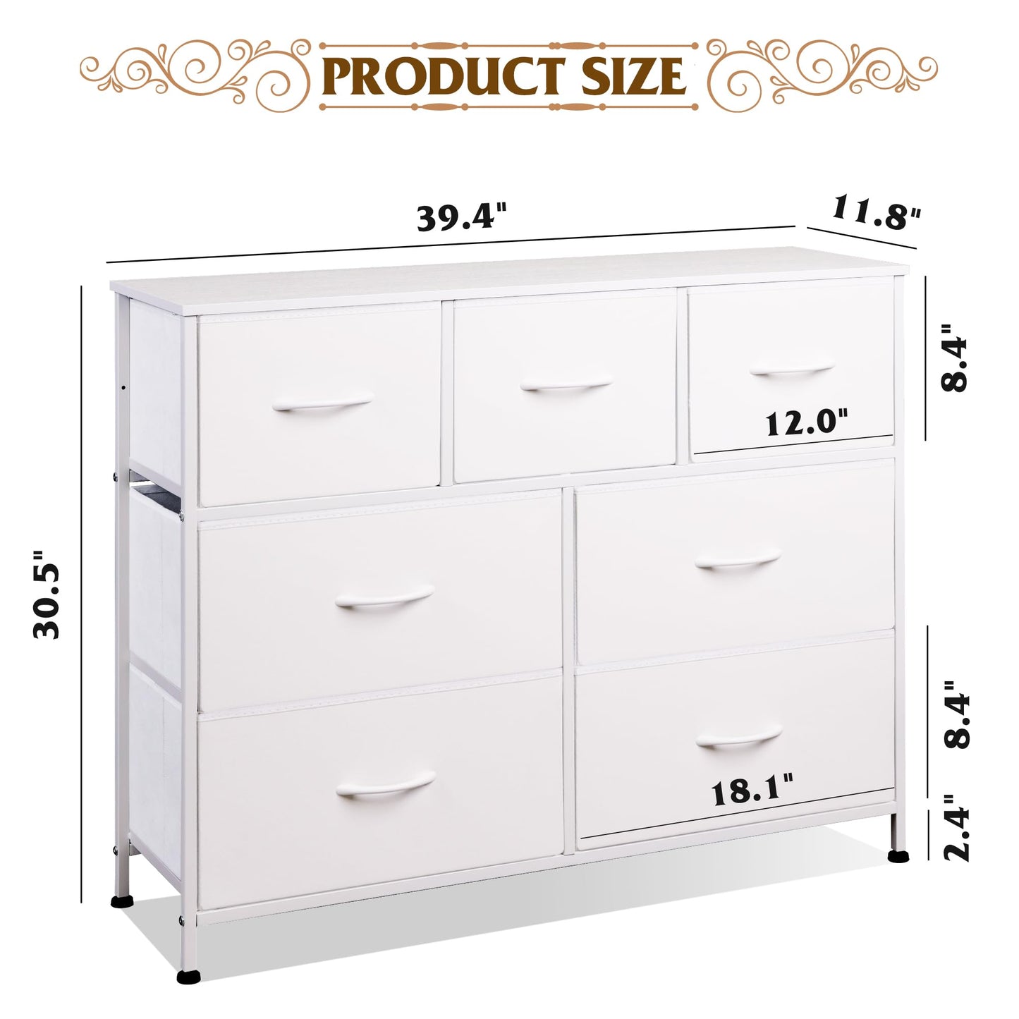 WLIVE 7 Drawer Dresser TV Stand, Dressers for Bedroom, Fabric Storage Tower, Hallway, Entryway, Closets, Sturdy Steel Frame, Wood Top, Easy Pull Handle, White
