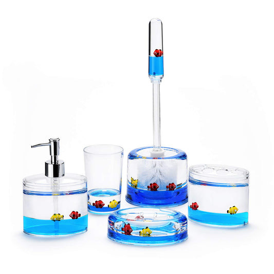Locco Decor 5 Piece Acrylic Liquid 3D Floating Motion Bathroom Vanity Accessory Set Ocean Cartoon Animal Theme Nimo Fish Toothbrush Holder, Tumbler, Soap Dispenser, Soap Dish, Toiletbrush Holder Set