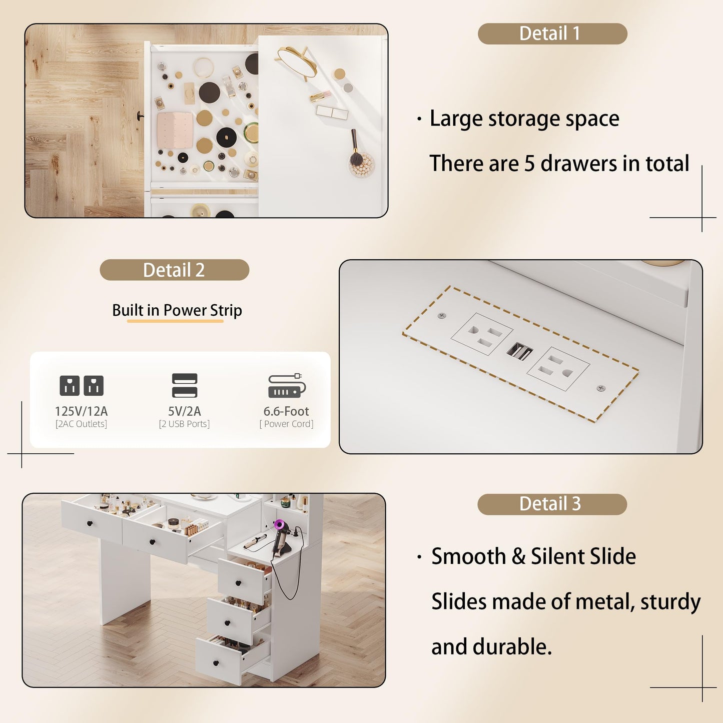 UGTOO White Vanity Table with Drawer Dresser, Farmhouse Vanity Makeup Desk with Charging Station, Vanity Desk with Lights Mirror & Drawers for Makeup, Vanity Desk with Storage Shelf & 5 Drawers