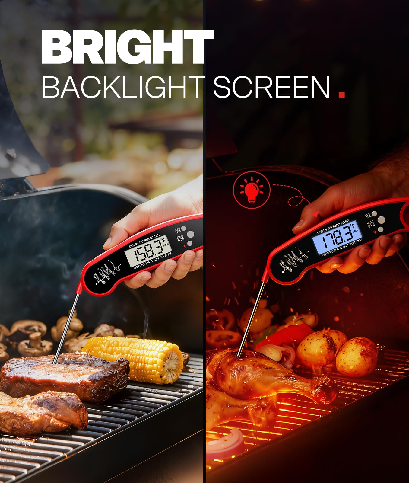 Meat Thermometer Digital – Instant Read Food Thermometer for Grilling, BBQ, Air Fryer, Smoker, Candy Making with Foldable Probe, Kitchen Gadgets, BBQ Essentials, Gift for Dad Men Husband Him, Red