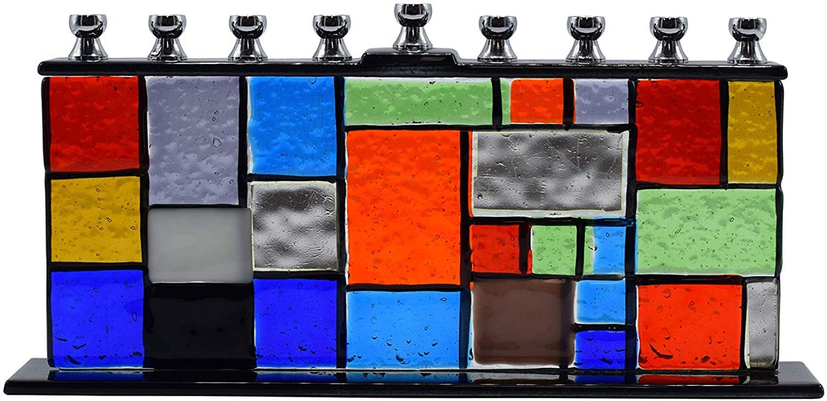 Ner Mitzvah Glass Hanukkah Menorah - Wall of Unity Multicolored Chanukah - Handcrafted Painted Glass - Fits All Standard Candles