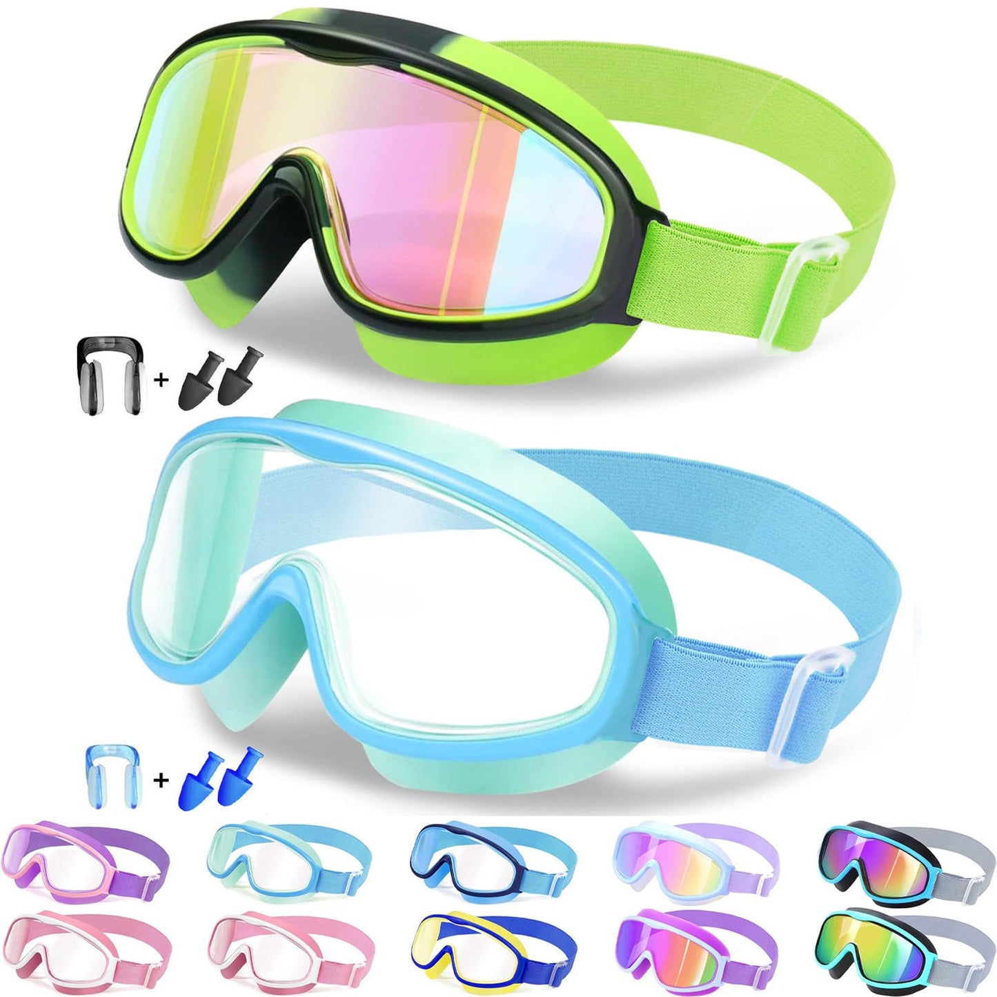 Vvinca Kids Swim Goggles 2 Pack, No Hair Pulling Comfort Fabric Strap Swimming Goggles for Kids Age 3-14, Anti-Fog/UV No Leaking Wide View Swim Mask for Toddler Boys Girls, Summer Pool Essentials