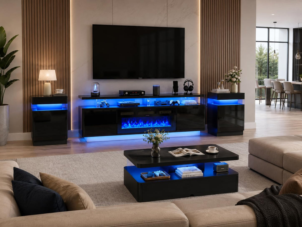OneBlis 4-Piece Living Room Furniture Set with LED Fireplace TV Stand and Coffee Table & Nightstands Set of 2, Modern TV Stand with Storage Table Set for Living Room
