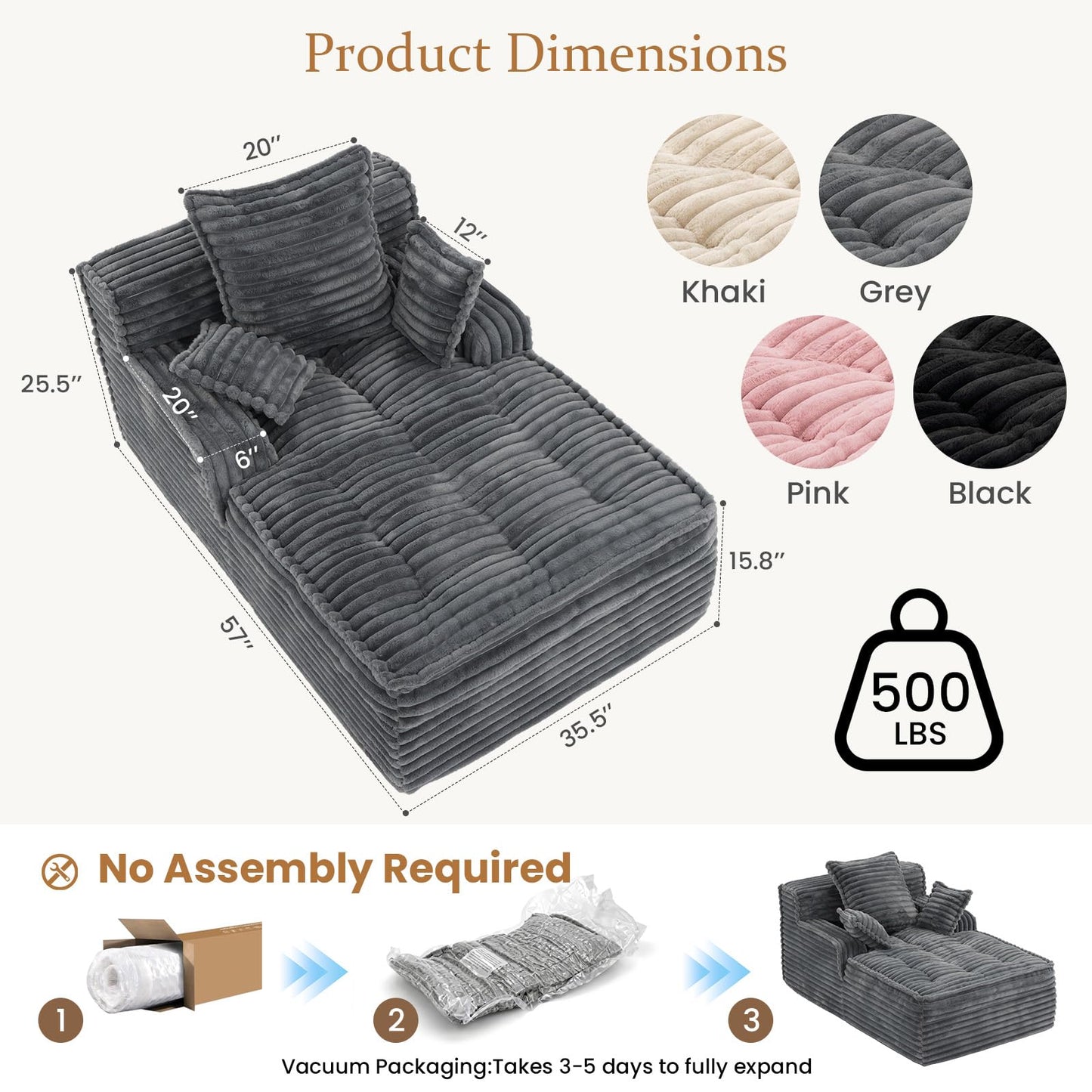 feliz home Boneless Chaise Lounge Couch Indoor, Small Corduroy Upholstered Sleeper Sofa Bed Reading Chairs with 3 Pillows, Fluffy Comfy Cloud Sofas Couches, Compression Boneless Sofa for Small Corner
