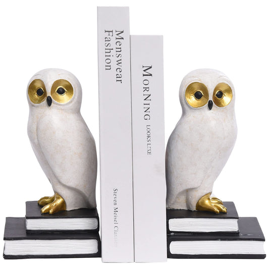 Kakizzy Book Ends for Shelves, Owl Decorative Bookends Bronze Bird Book Stopper Unique Kids Book Holders with Anti-Slip Base Luxurious Bookends for Kids Rooms Office Home Decor(White)