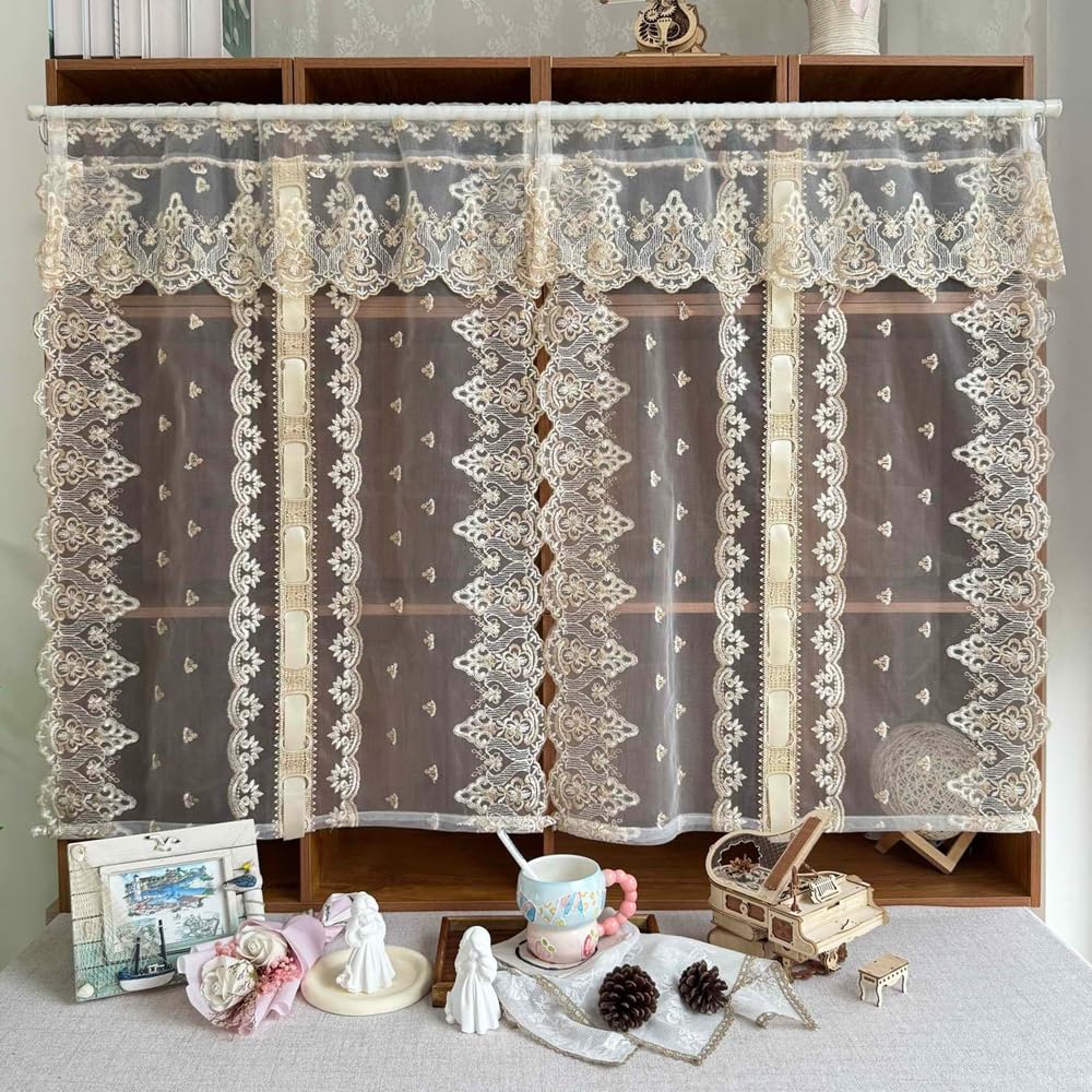 2PC Luxury Metallic Beige Flower Embroidery Lace Pull Up Balloon Curtain