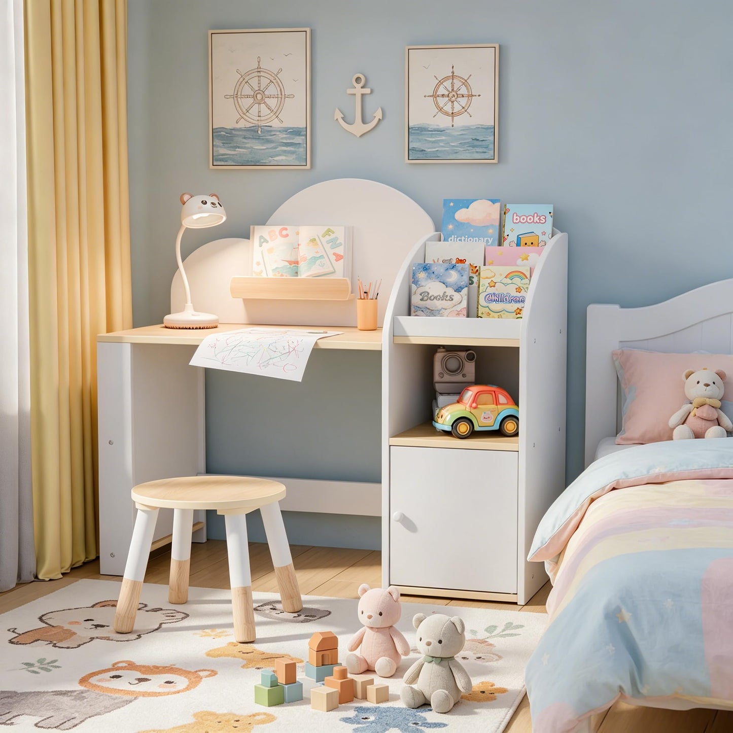 Kids Desk and Chair Set with 2 Bookshelves, Student Study Table and Stools, Toddler Study Desk with Storage, Wooden Kids Desk and Chair Set with 2 Cabinets for Ages 3-8, Boys, Girls (One Child)