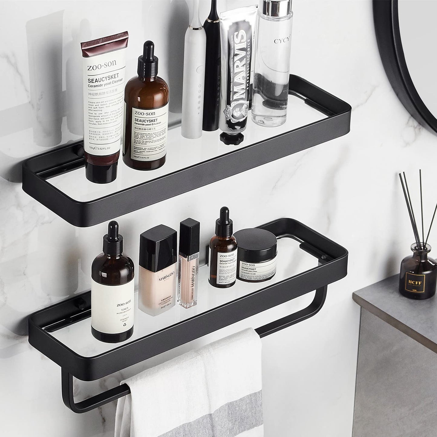 VOLPONE Bathroom Shelves Wall Mounted Glass Shelf for Floating Shelf Tempered Glass Shelves 2 Tier Bathroom Wall Organizer(Black)