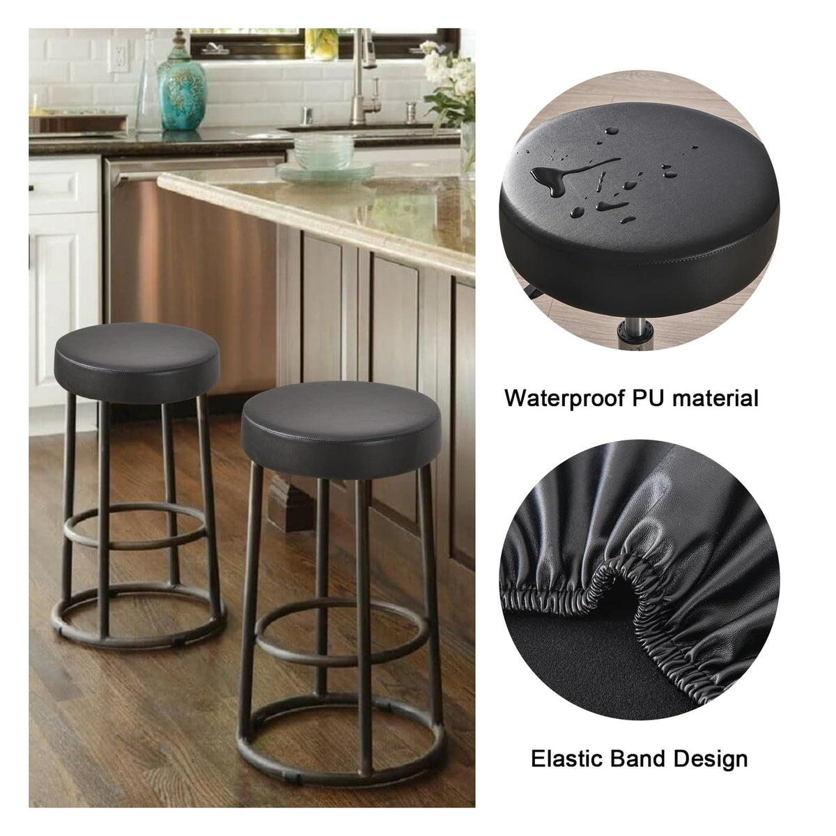 FUANGUI Bar Stool Covers Round Set of 2, Waterproof PU Slipcover