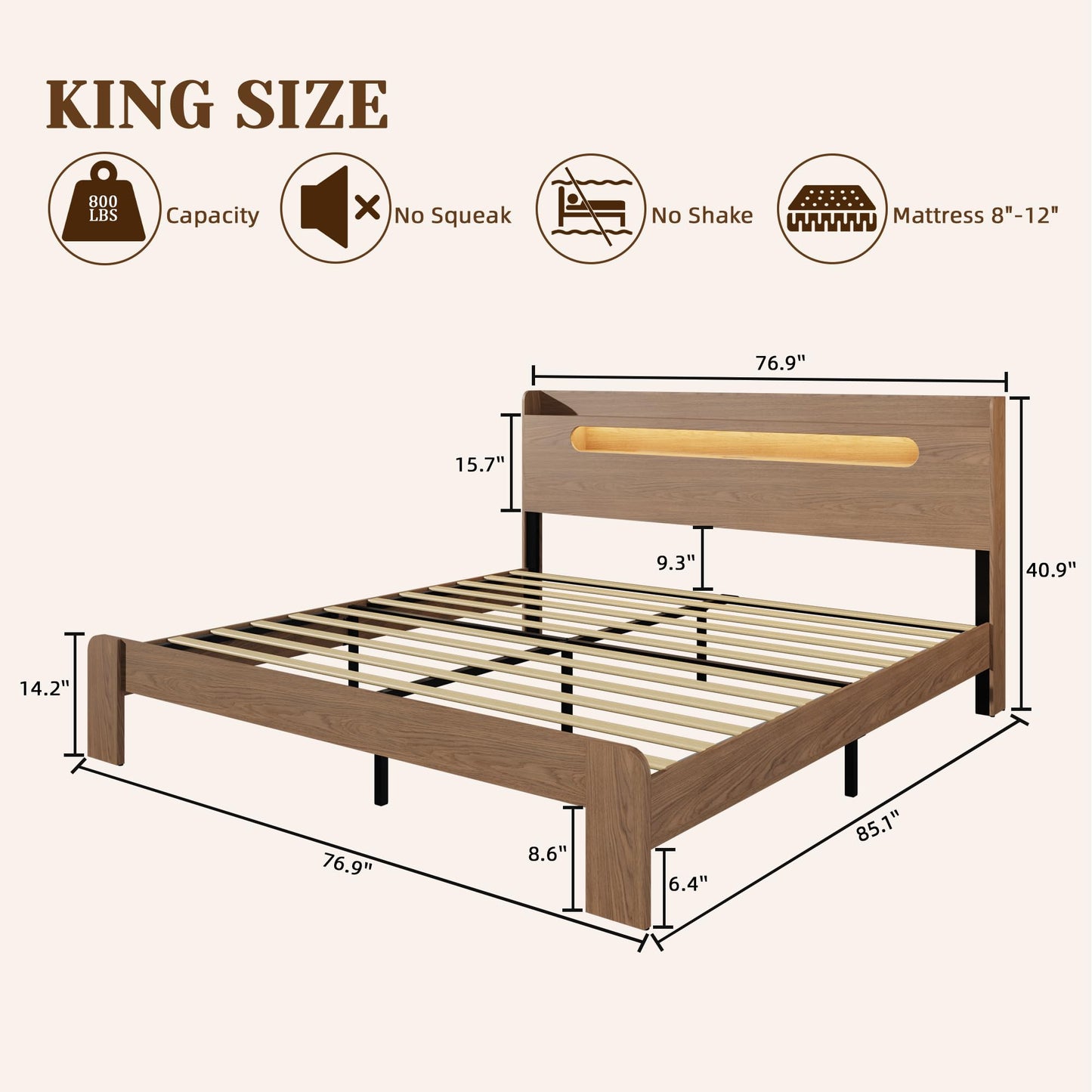 King Size Wood Bed Frame with Storage Headboard, Charging Station & RGB LED Lights, Platform Bed Frame with 2-Tier Shelf, Heavy Duty Wooden Slats Support, No Box Spring Needed, Easy Assembly, Walnut