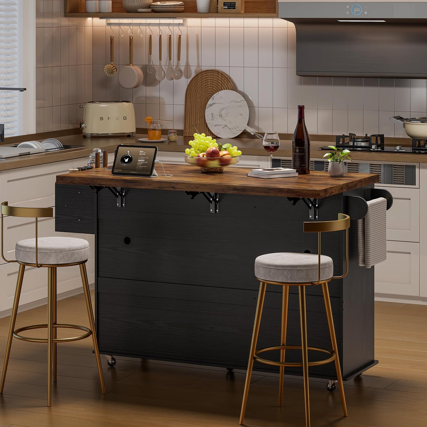60" Kitchen Island with Power Outlet & Drop Leaf, Kitchen Rolling Island with Spice Rack & Towel Rack, Knife Holder, Kitchen Island Cart with Trash Storage Cabinet, Mobile Island Table for Kitchen
