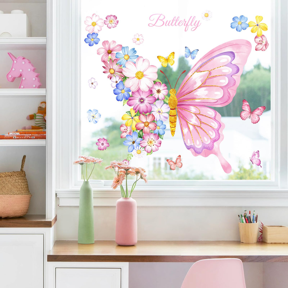 Supzone Pink Flower Butterfly Window Clings Valentine's Day Spring Window Decals Anti-Collision Glass Doors Mirror Static Stickers for Girls Room Home Store Party Decorations