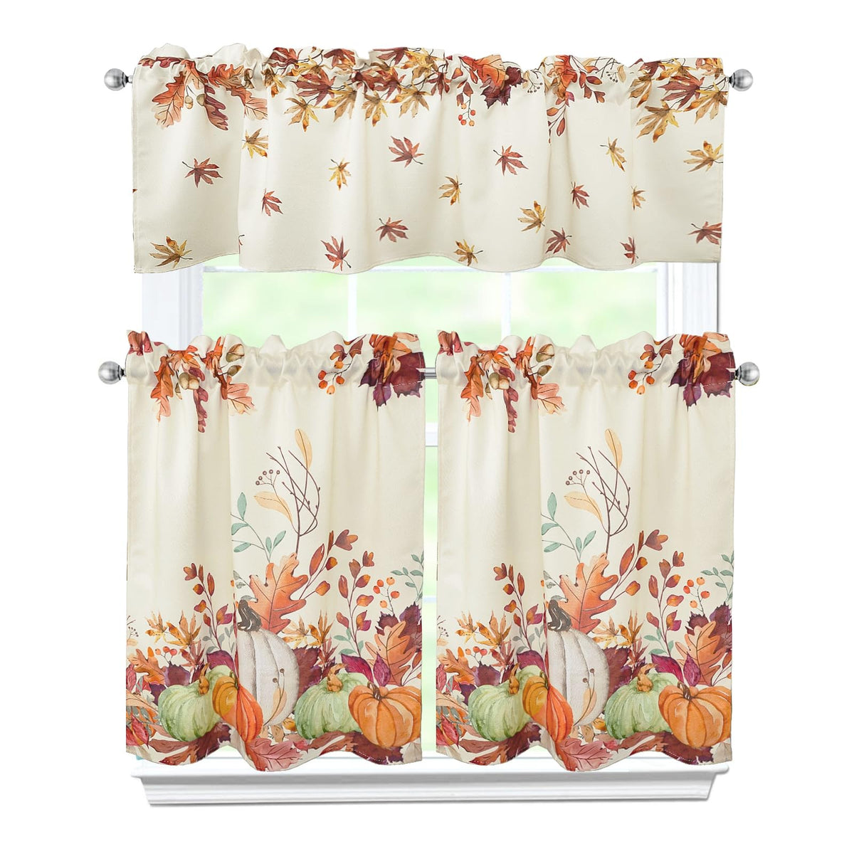 Zifmrtrwn Fall Kitchen Curtains 3 Piece Set Pumpkin Maple Leaves Curtains Valance & Tiers for Kitchen Home Indoor Cafe 36 Inch Short Window Curtain Over Sink Window Farmhouse Thanksgiving Decor
