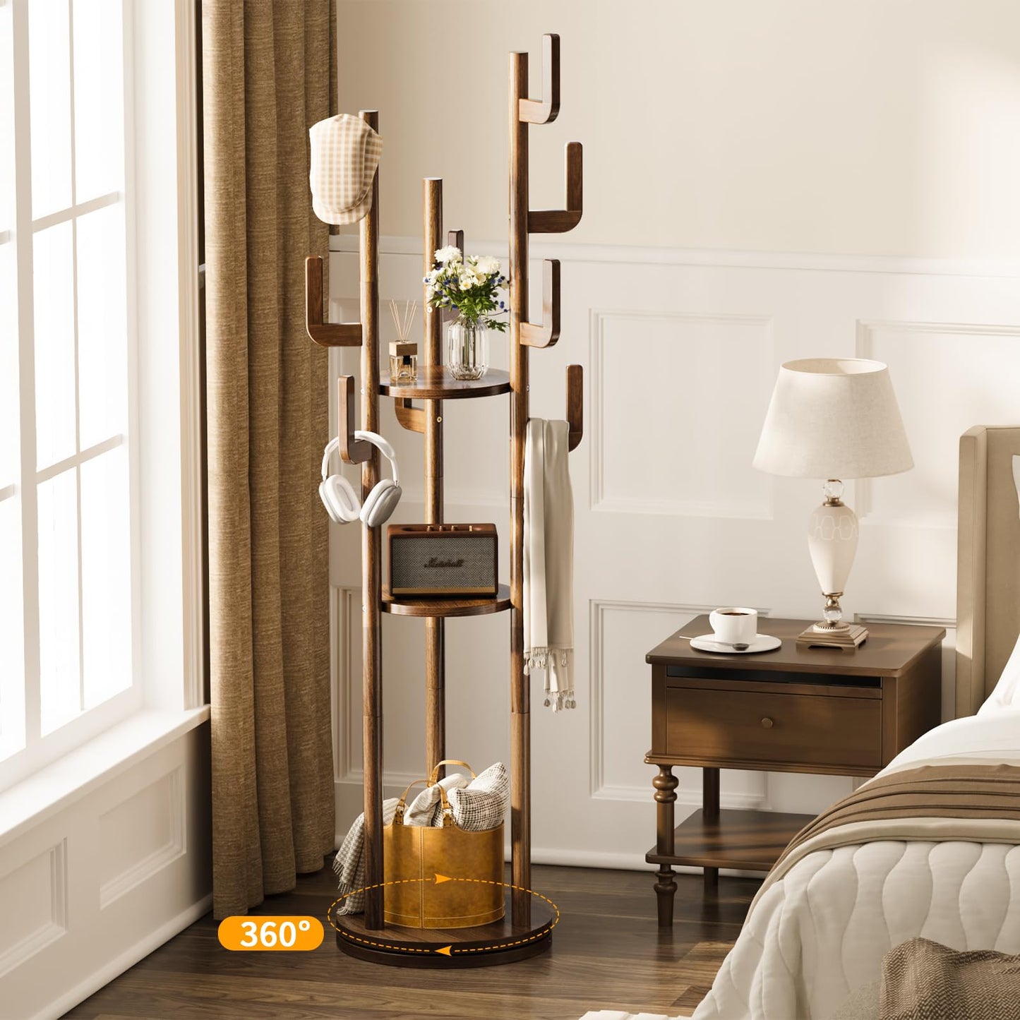 Yoobure Rotary Coat Rack Freestanding - Solid Wood Coat Tree with 9 hooks & 3 Storage Shelves for Purse, Bag, Jacket, Hat, Corner Hanger Stand Racks for Hall, Entryway, Office, Modern Clothes Holder