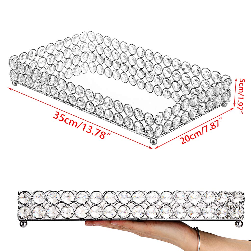 Hipiwe Crystal Cosmetic Vanity Tray, Mirrored Decorative Jewelry Organizer Tray for Perfume, Trinket, Makeup Display Dresser Home Decor (Large, Silver)