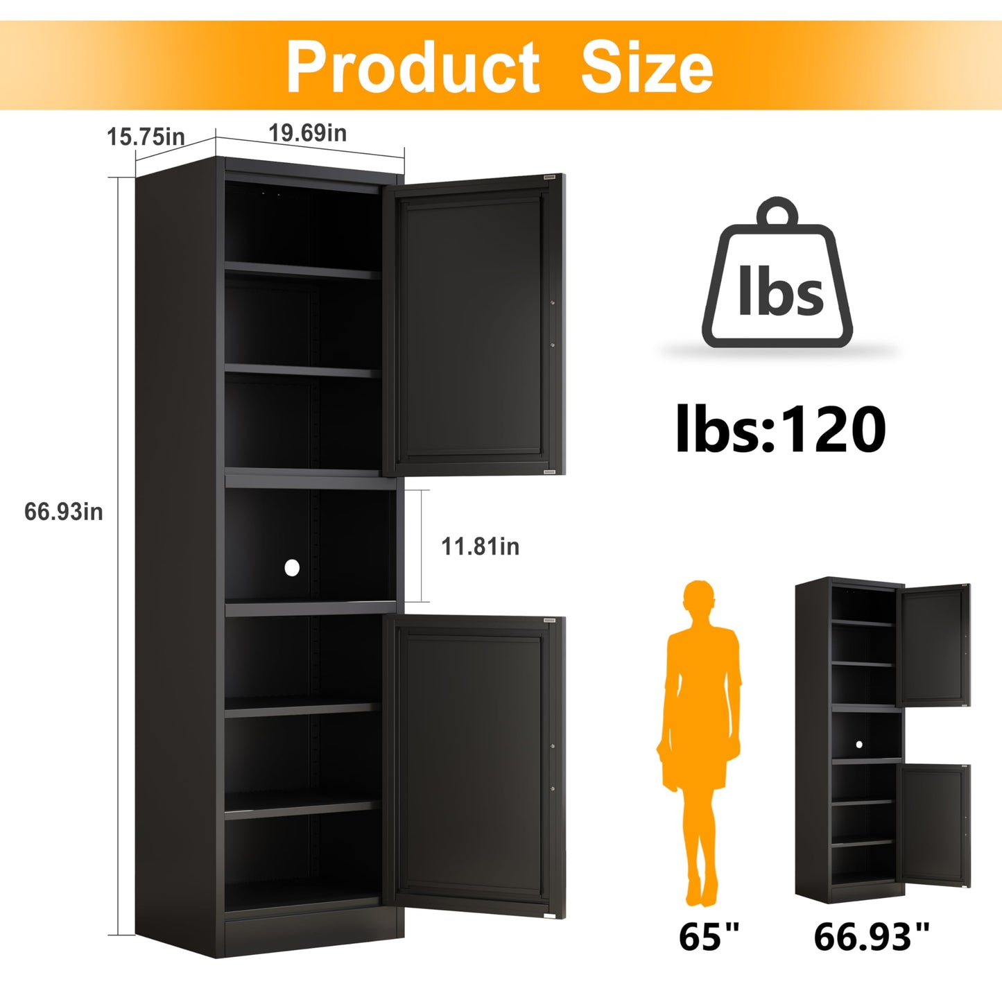 Ckzbx Tall Narrow Storage Cabinet 66.93" H Tall Bathroom Cabinet Metal Pantry Cabinets, 4 Adjustable Shelves for Kitchen, Home Office, Living Room, Dinning Room (20 inches Wide Black)