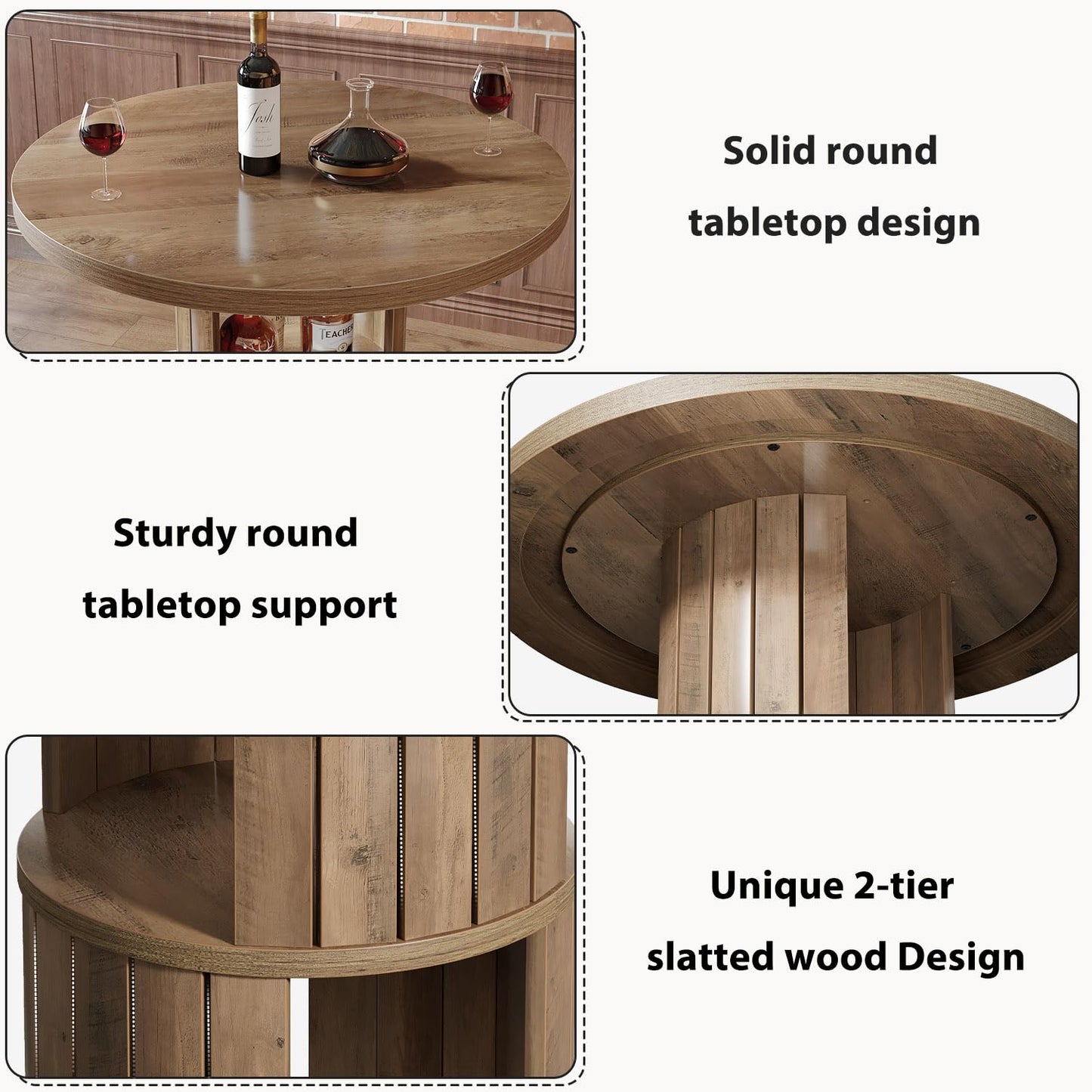 HSH Round Bar Table, 39.37" H Wood Pub Table with Storage & Metal Footrest, Modern Rustic Bar Height Bistro Cocktail Table for Coffee Bar, Kitchen Dining Room, Small Space, Rustic Oak (Table Only)