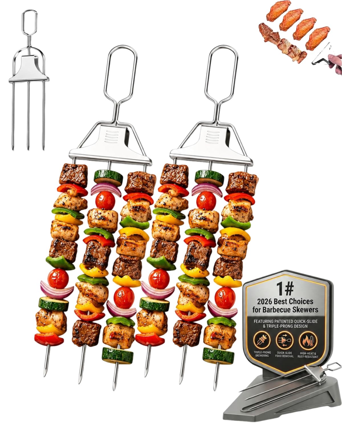 RZGBJYV 2PCS Skewers for Grilling Metal Kabobs Metal Kebab Barbecue Grill 3 Way Outdoor Grill Shish BBQ Stainless Steel Flat Chicken Shrimp 3 Prong Heavy Duty Vertical 14 Inch Adjustable Upright