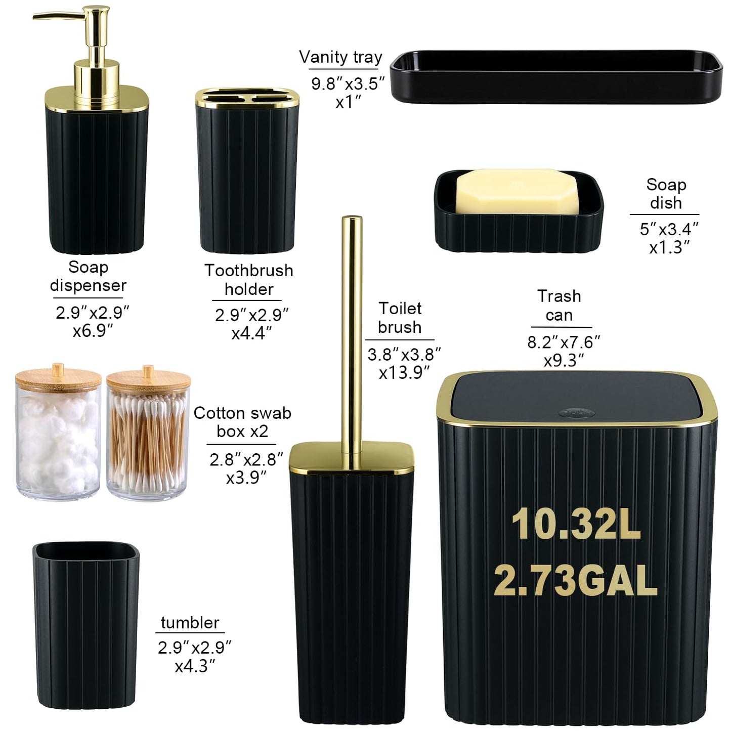 Bathroom Accessories Set-9PC Set with Toilet Brush, Trash Can, Soap Dispenser, Q-Tip Holder | Modern Home Bath Essentials (Black, Bath Set)