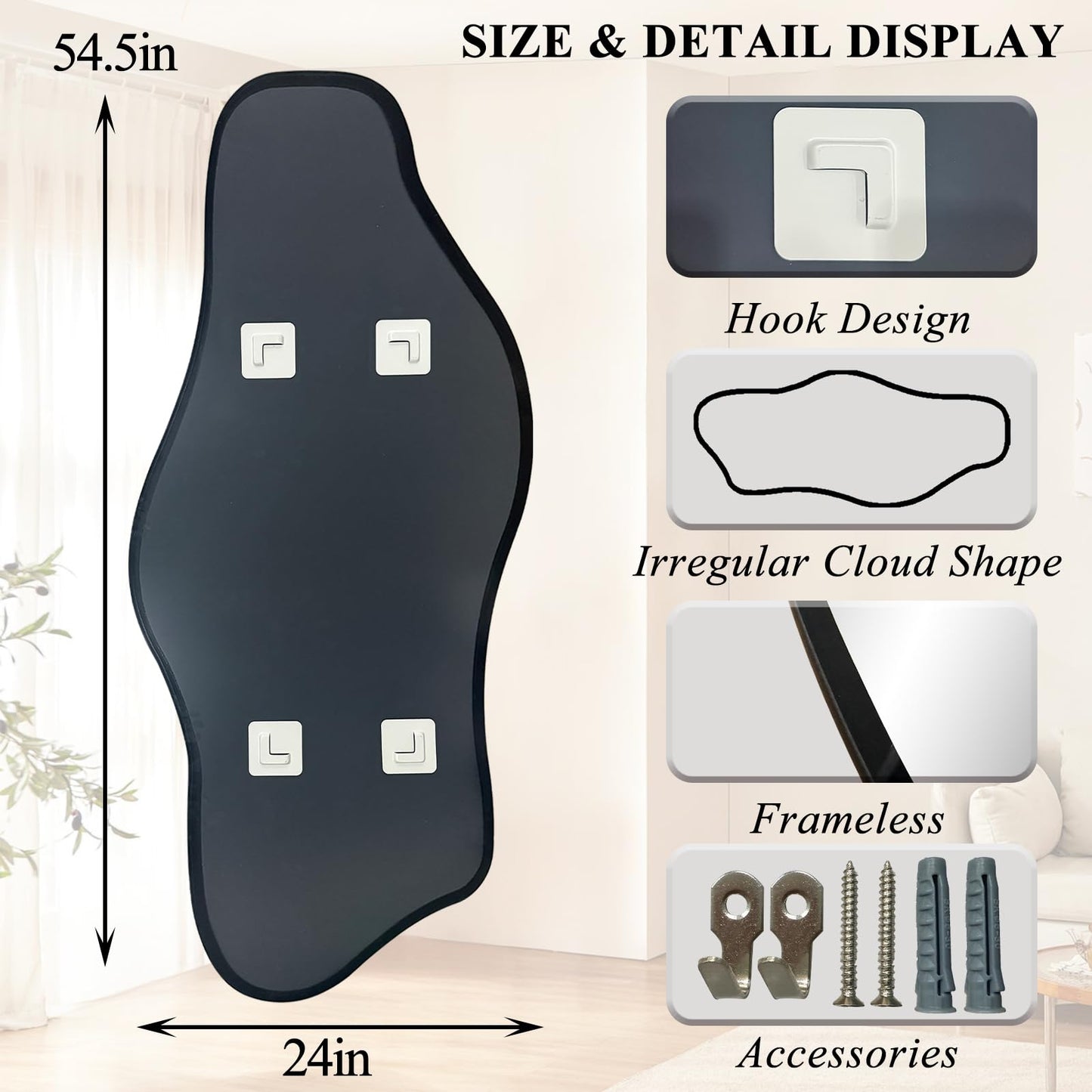 DAOYIJIAJU Large Irregular Mirror, 54.5"x24" Asymmetrical Tempered Glass Mirror, Modern Organic Shaped Wall Mirrors for Entryway Bedroom Living Room Bathroom, Horizontal or Vertical Hanging