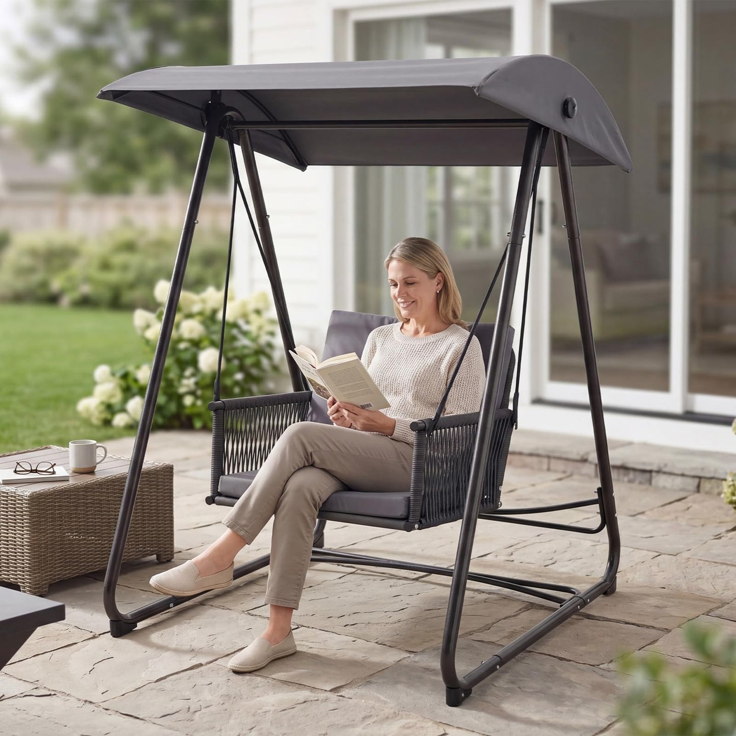 DAYARUS Porch Swing with Stand, Outdoor Swing with Canopy, All Weather Outdoor Swings for Adults, 400lbs Heavy Duty Porch Swings with Removable Cushions, Single Hanging Chair for Small Space, Grey