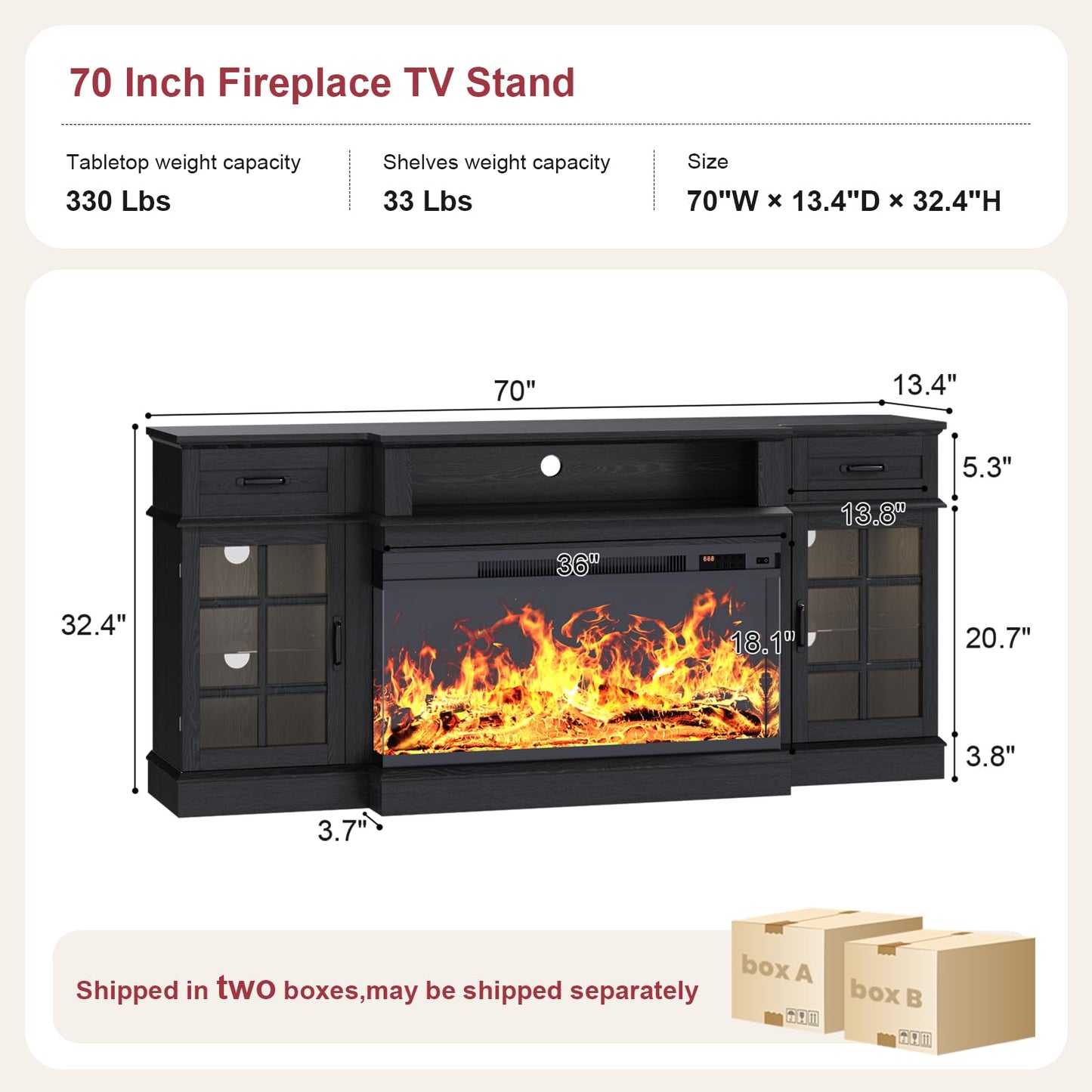 MXV 70" Fireplace TV Stand, 3-Sided Glass Fireplace and Modern Entertainment Center, Wooden Media Console with Glass Doors & Storage Drawers, LED Light, for Living Room, Black