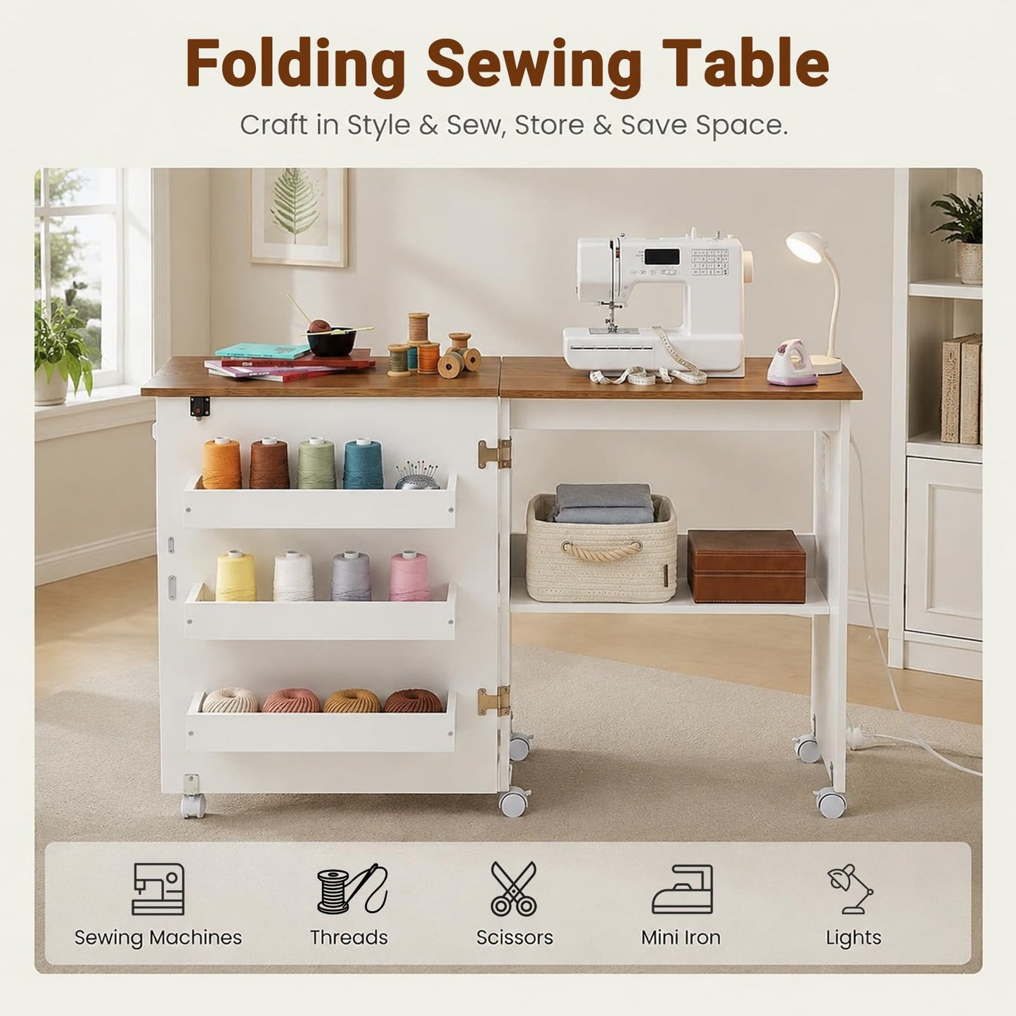 Folding Sewing Table with Charging Station, Rolling Sewing Machine Craft Table with Storage Trays and Shelf, Foldable Sewing Cabinet Desk with Lockable Wheels for Small Spaces (Natural Wood & White)