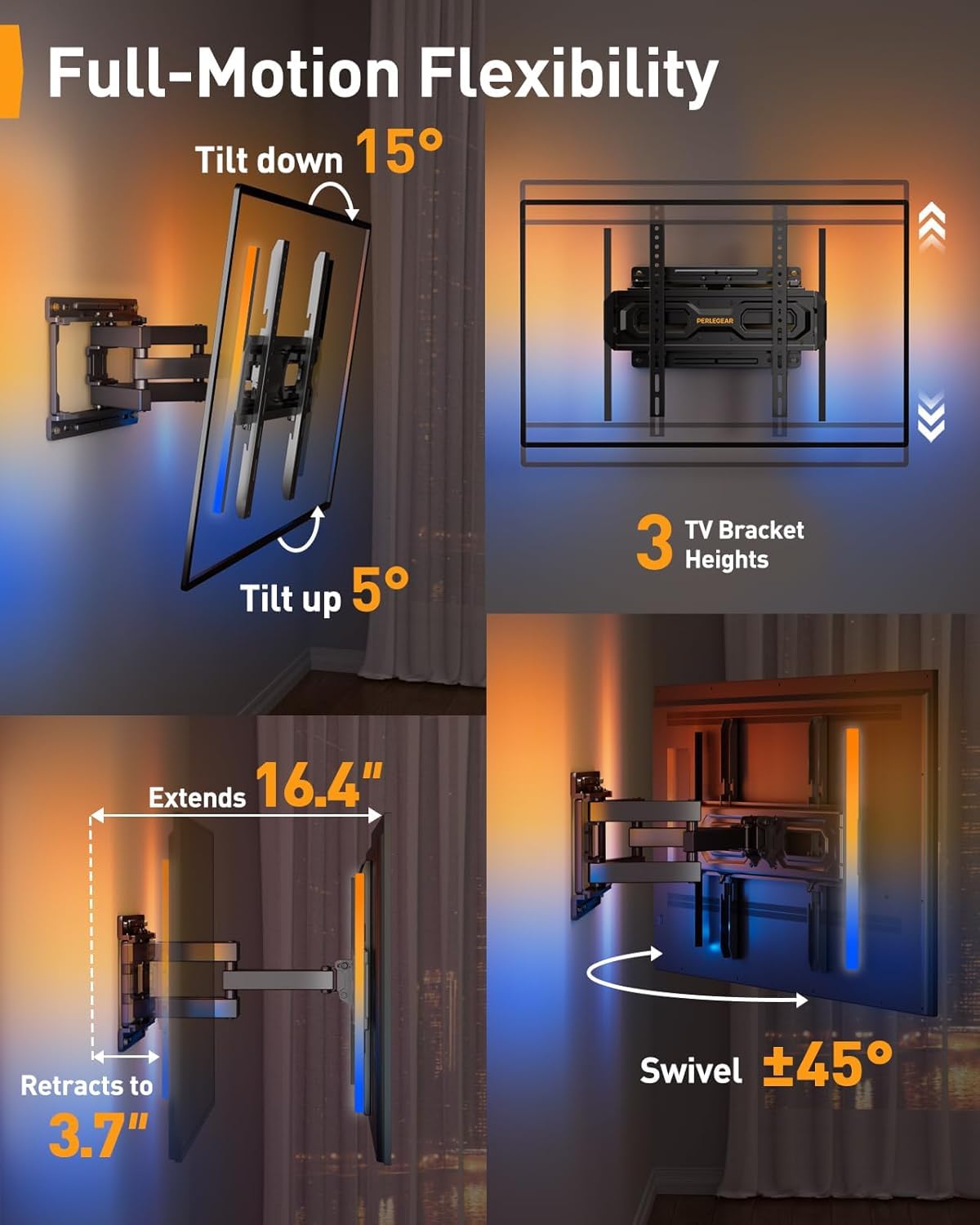 Perlegear AuraFrame™ Pre-Assembled TV Wall Mount with LED Lights for 26-65 inch TVs up to 99 lbs, Max VESA 400x400mm, Swivel, Extension, Tilt, TV Backlights with Music Sync, Fits 16”/12” Wood Studs
