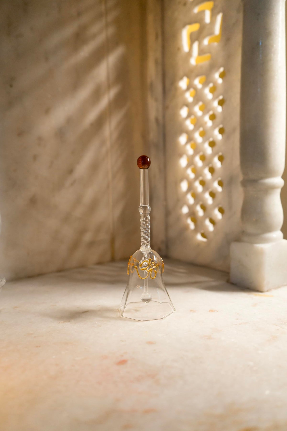 Glass Ringing Bell for Pooja & Mandir | Decorative Temple Bell for Home Decor, Housewarming, Wedding & Festive Gift (Amber)