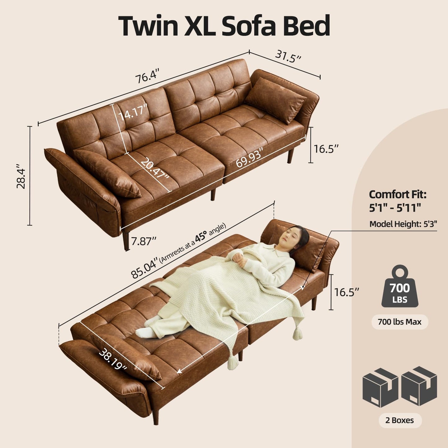 HALLYBEE 85” Futon Sofa Bed, Sleeper Sofa, Small Couch with Storage Adjustable Armrests Pillows, Faux Leather Loveseat, Mid Century Modern Couches for Living Room, Bedroom, Apartment, Brown