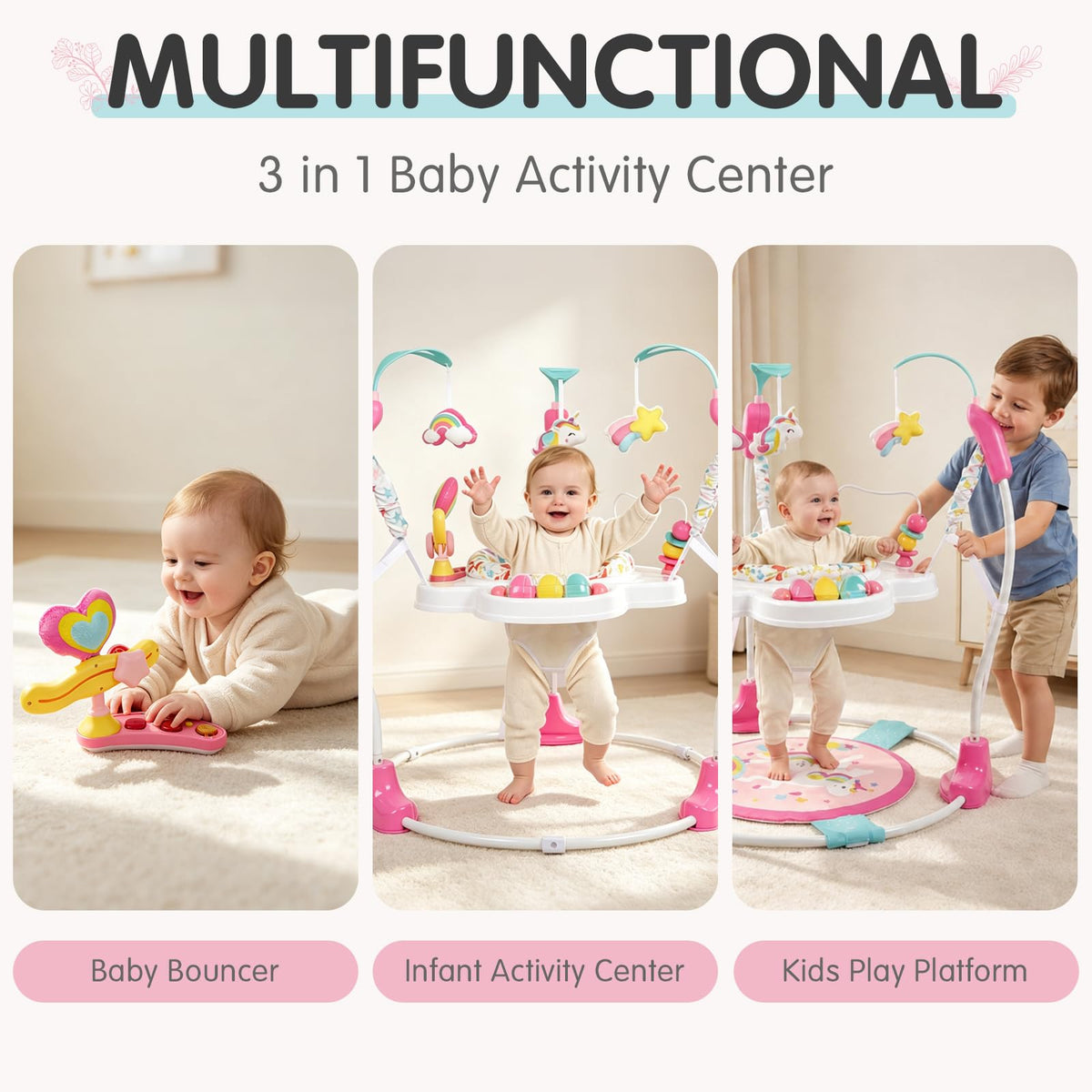 Baby Bouncer Activity Center,3-in-1 Baby Jumper and Play Center Station,6+M