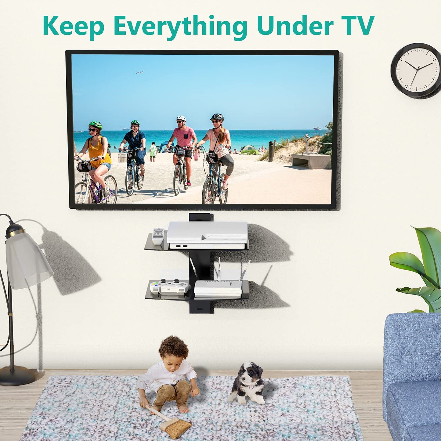 WALI Floating TV Shelf, 2 Tier Glass Projector Shelf for DVD Players, Routers, Game Consoles, Cable Boxes, Living Room Decor, Wall Mount Shelves Hold Up to 17.6lbs (CS202B), 2-Shelf, Black