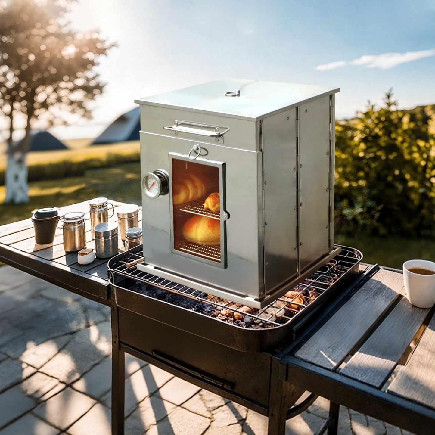 REDCAMP 14"H Foldable Camping Oven with 2 Tier Grill, Stainless Steel Portable Camping Stove for Baking Cinnamon Rolls, Breads and Muffins with Wood Burning Fire,Propane Stoves,Campers,Baking BBQ