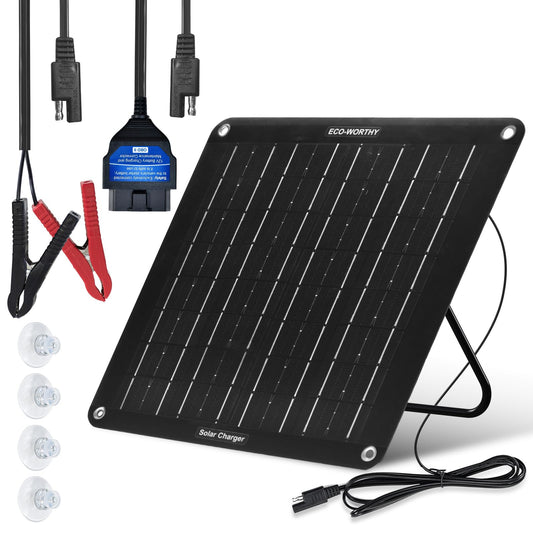 ECO-WORTHY Upgraded OBDII 10W Solar Battery Trickle Charger Maintainer-12V Waterproof Solar Panel Trickle Charger Kit with Portable Stand for Car Truck Boat Mower RV Trailer ATV Marine Battery