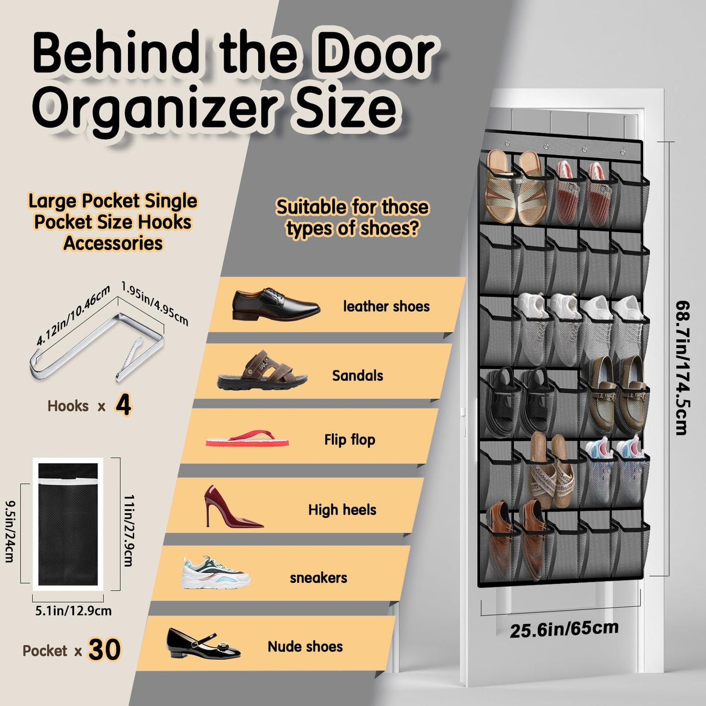 Kotkn Over the Door Shoe Organizer with 30 Breathable Mesh Pockets - Large Capacity Closet Storage for Men & Women, Hanging Shoe Rack Organizer (Gray)
