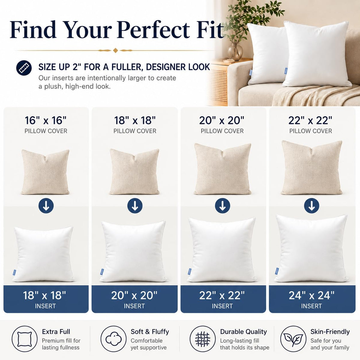 Leeden 12x20 Throw Pillow Inserts Set of 2, Lumbar Pillow Inserts for Couch