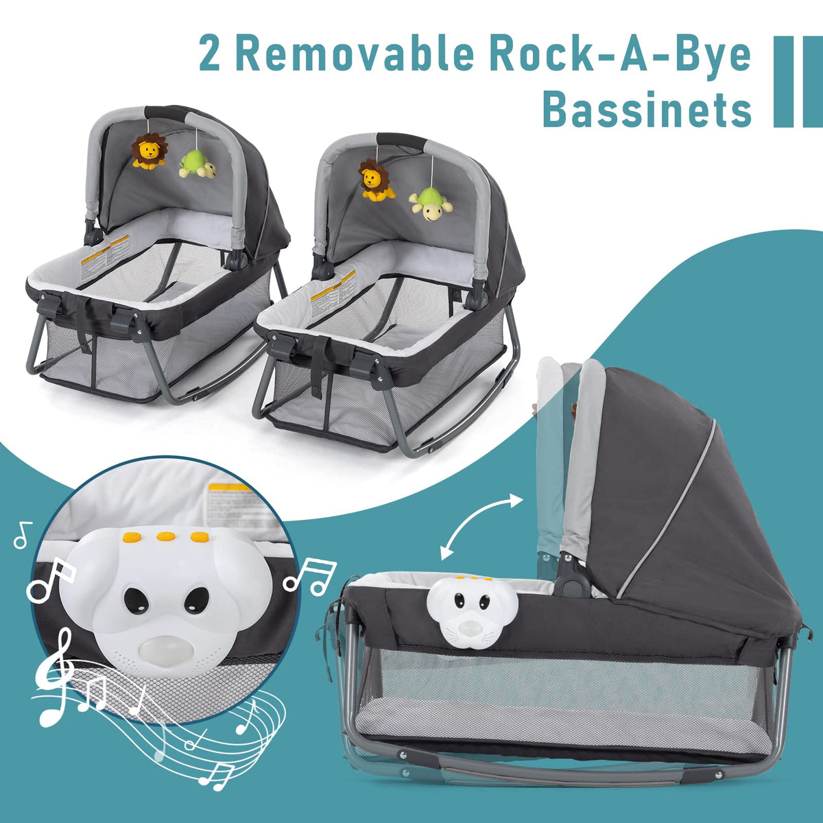 okaytwins Twin Bassinet & Full-Size Infant Bedside Bassinet & Playard for Baby, Includes 2 Removable Rock-A-Bye Portable Bassinets with Storage Bags, Gray