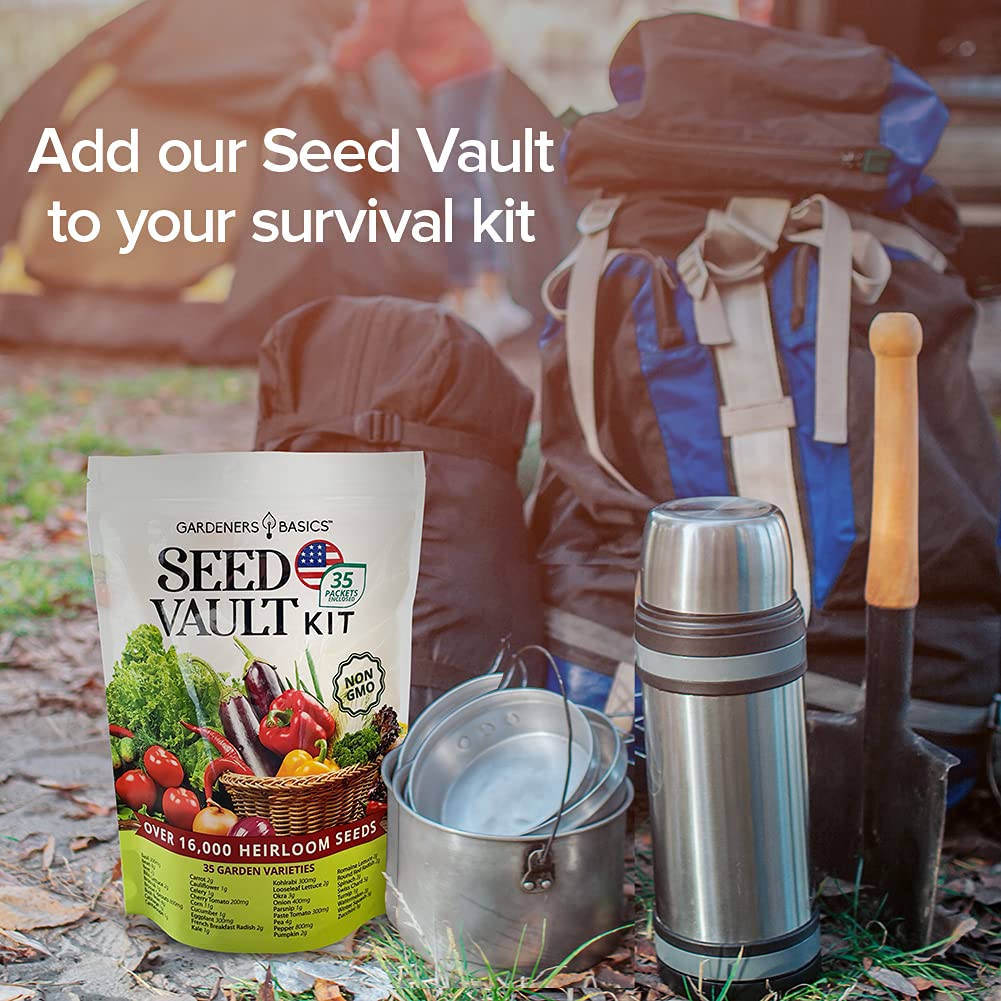 Gardeners Basics Survival Vegetable Seeds Garden Kit Over 16,000 Seeds Non-GMO and Heirloom, Great for Emergency Bugout Survival Gear 35 Varieties Seeds for Planting Vegetables 35 Free Plant Markers