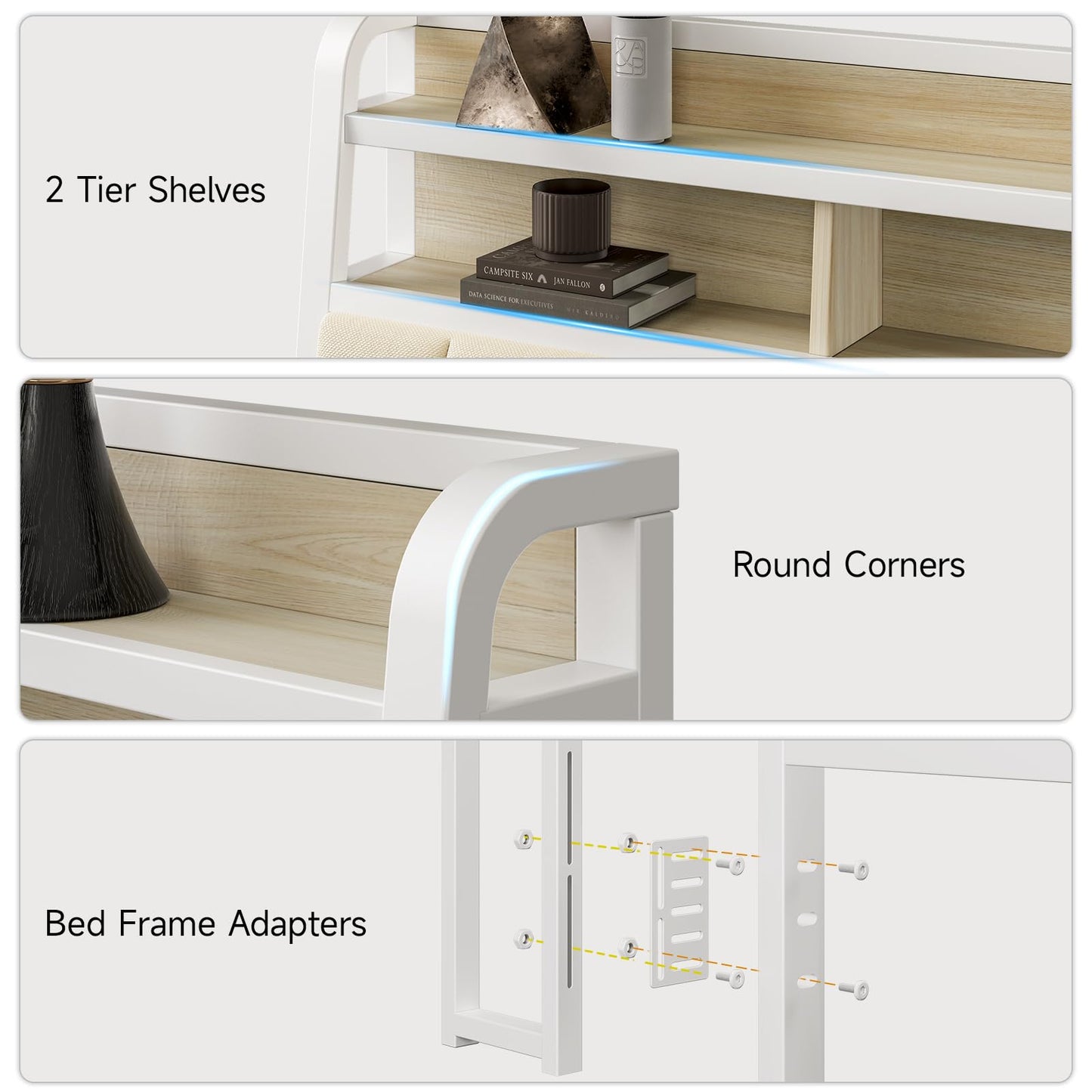 Lefurture King Headboard Only with Storage, Upholstered Headboards for King Size Bed with LED Light, Charging Station, Height Adjustable, Sturdy and Stable Headboard, Off White
