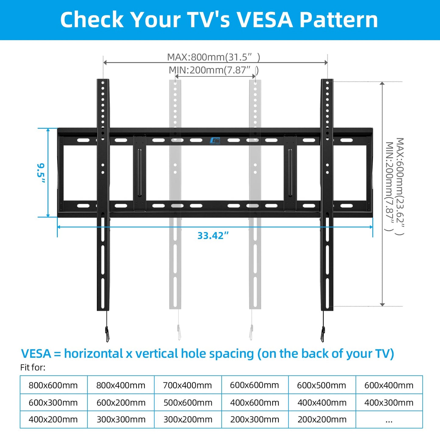 HOME VISION Heavy Duty Fixed TV Wall Mount Bracket for 48-120 Inch Extra Large Flat Screen Smart TVs, 264 Lbs Capacity, Max VESA 800x600 mm, Stud Spacing 12"-28", Low-Profile Flush Slim Design, HV8801