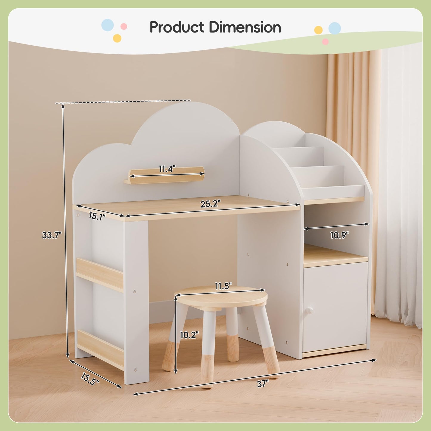 Kids Desk and Chair Set with 2 Bookshelves, Student Study Table and Stools, Toddler Study Desk with Storage, Wooden Kids Desk and Chair Set with 2 Cabinets for Ages 3-8, Boys, Girls (One Child)