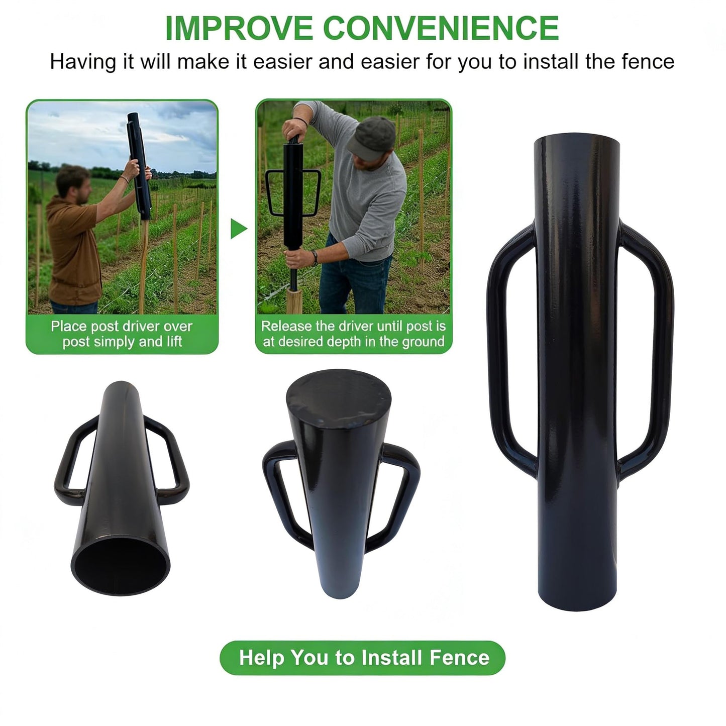 MTB Garden 1 Pack 16 inch Portable Post Driver with Handle, 8LB Black Iron T Post Digger Hand Post Rammer for Installing Fences, Fence Post Pounder Good for Small Projects