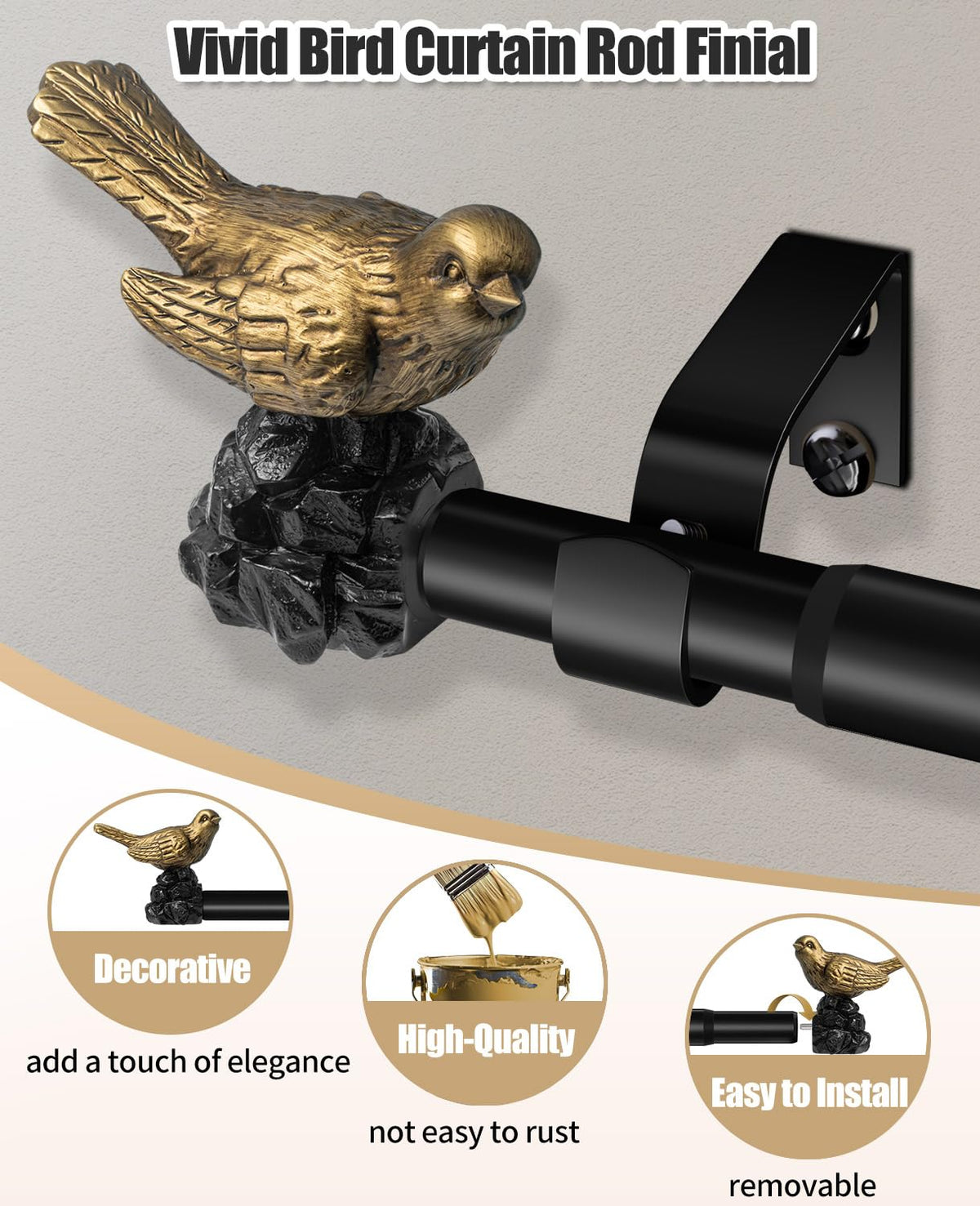 KVEEO 1 or 7/8 Inch Bird-Shaped Decorative Finials for Curtain Rods,Curtain Rod Ends Metal Curtain Rod Finials Ends Easy to Install Set of 2 Rod End (Gold)