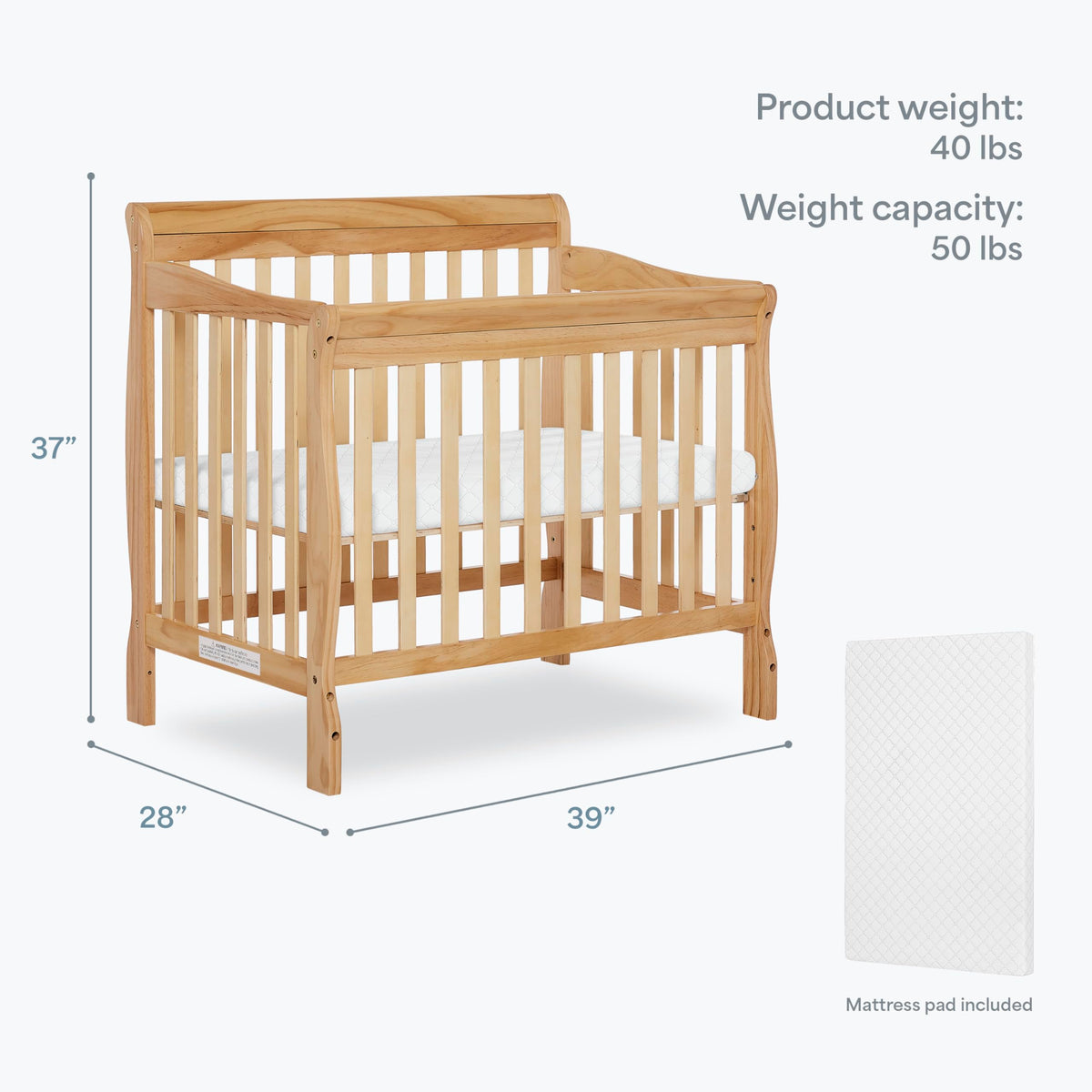 Dream On Me 4-in-1 Mini Baby Crib for Small Spaces, Aden, Natural