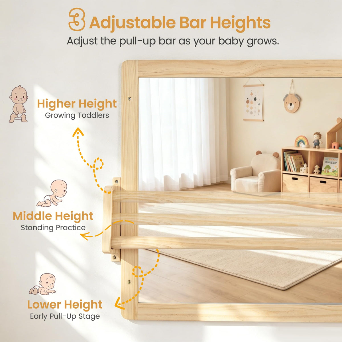 Brezlio Montessori Mirror with Pull Up Bar, Large 38.2 x 23.6 in Natural Wood & Shatter-Resistant Acrylic Baby Mirror for Tummy Time, Horizontal/Vertical Floor Use, Wall Mounting and Pull-to-Stand
